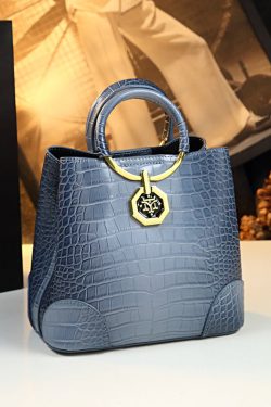 Women Dark Blue Large Capacity Calf Leather Tote Handbag