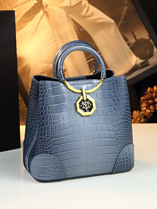 Women Dark Blue Large Capacity Calf Leather Tote Handbag