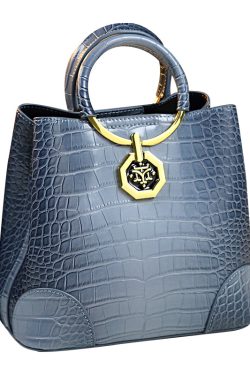 Women Dark Blue Large Capacity Calf Leather Tote Handbag