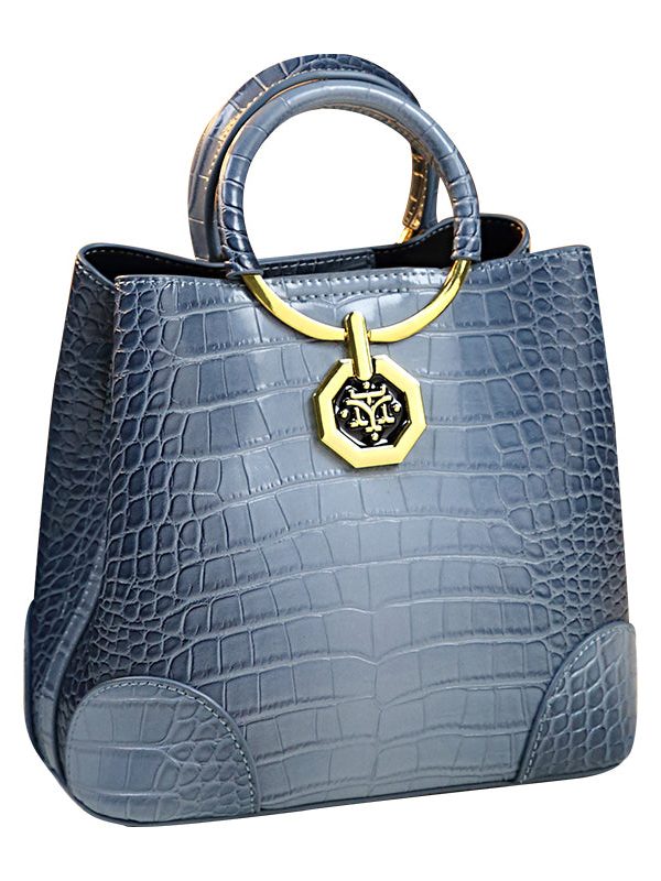 Women Dark Blue Large Capacity Calf Leather Tote Handbag