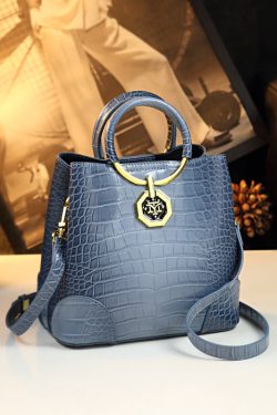 Women Dark Blue Large Capacity Calf Leather Tote Handbag