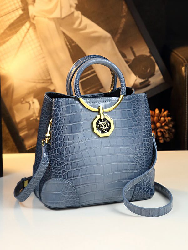 Women Dark Blue Large Capacity Calf Leather Tote Handbag