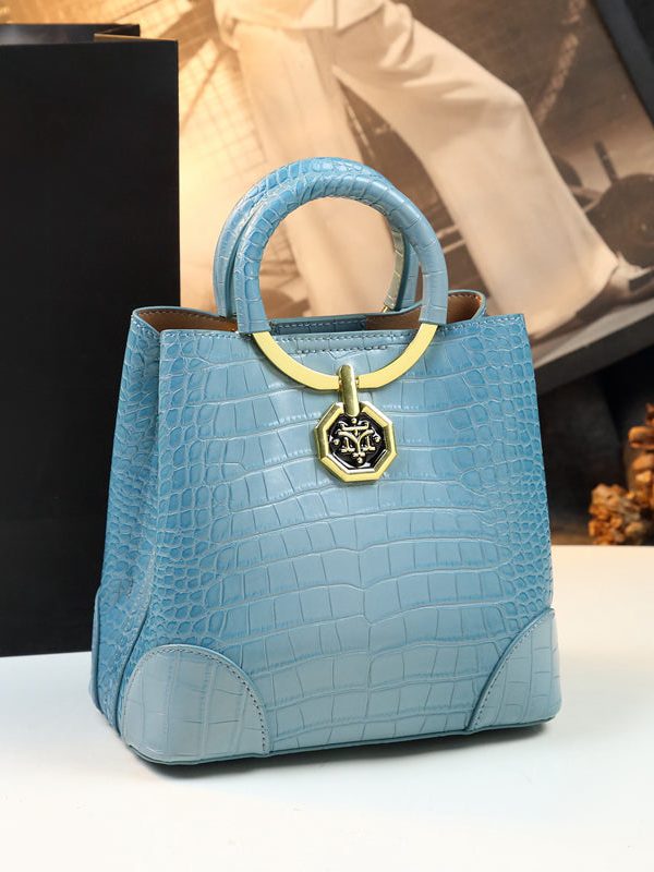 Women Dark Blue Large Capacity Calf Leather Tote Handbag