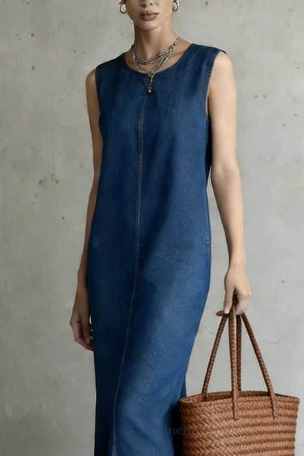 Women Denim Blue O-Neck Patchwork Long Dress Summer