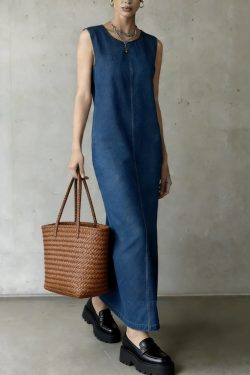 Women Denim Blue O-Neck Patchwork Long Dress Summer