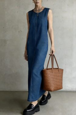 Women Denim Blue O-Neck Patchwork Long Dress Summer