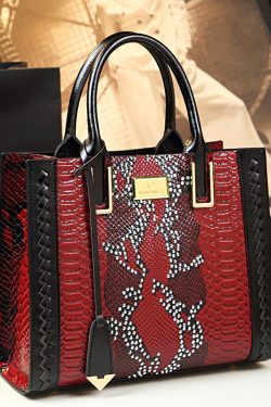 Women Elegant Brown Zircon Calf Leather Tote Handbag