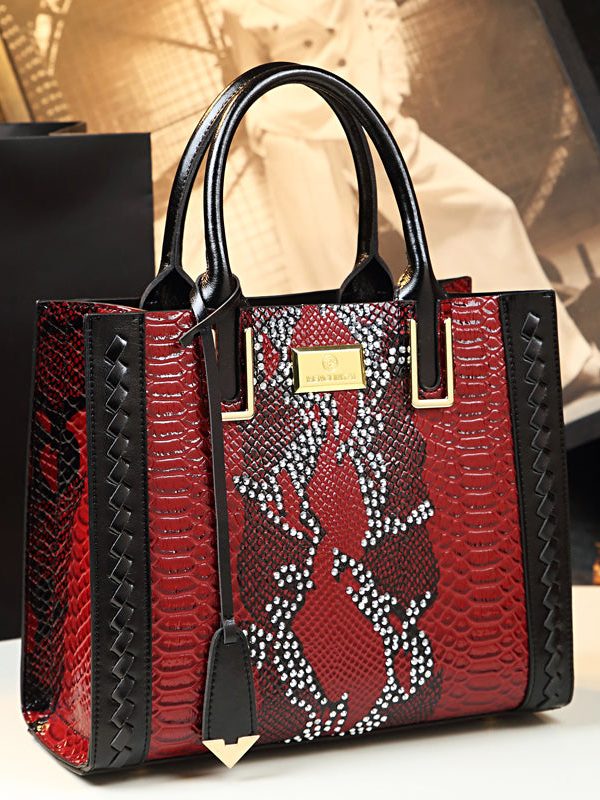 Women Elegant Brown Zircon Calf Leather Tote Handbag