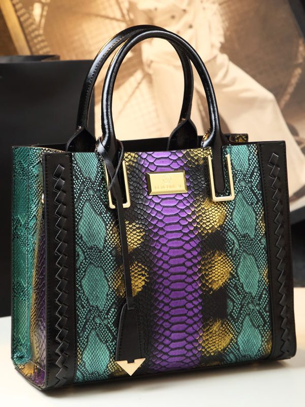 Women Elegant Brown Zircon Calf Leather Tote Handbag