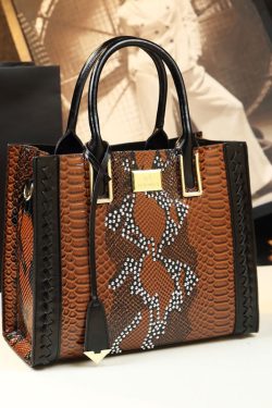 Women Elegant Brown Zircon Calf Leather Tote Handbag