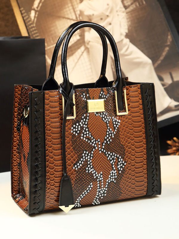 Women Elegant Brown Zircon Calf Leather Tote Handbag