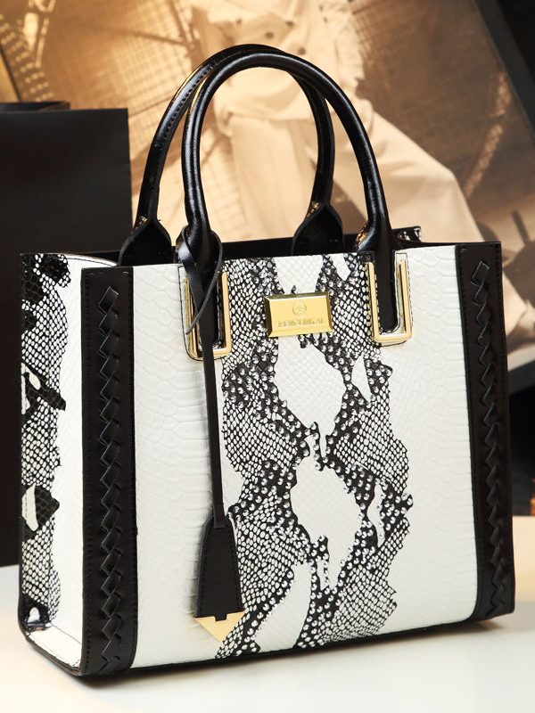 Women Elegant Brown Zircon Calf Leather Tote Handbag