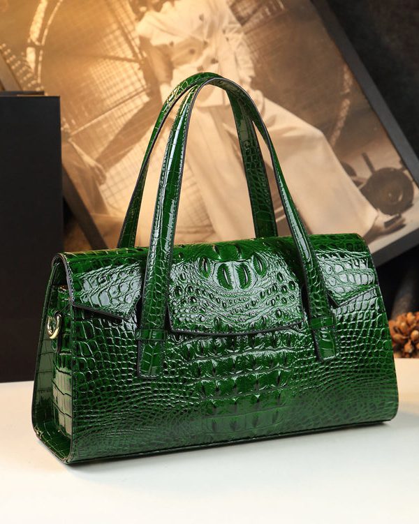 Women Green Alligator Pattern Durable Faux Leather Satchel Handbag