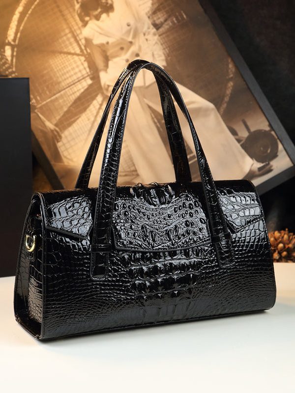 Women Green Alligator Pattern Durable Faux Leather Satchel Handbag