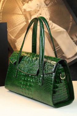 Women Green Alligator Pattern Durable Faux Leather Satchel Handbag
