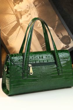 Women Green Alligator Pattern Durable Faux Leather Satchel Handbag