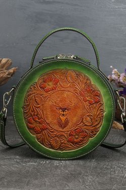 Women Green Animal Jacquard Calf Leather Satchel Handbag