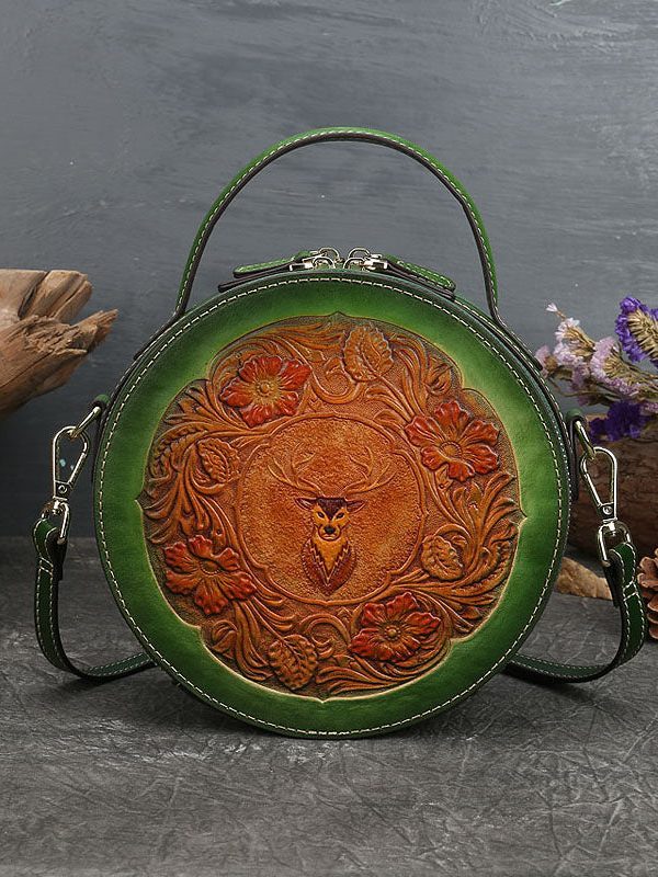 Women Green Animal Jacquard Calf Leather Satchel Handbag