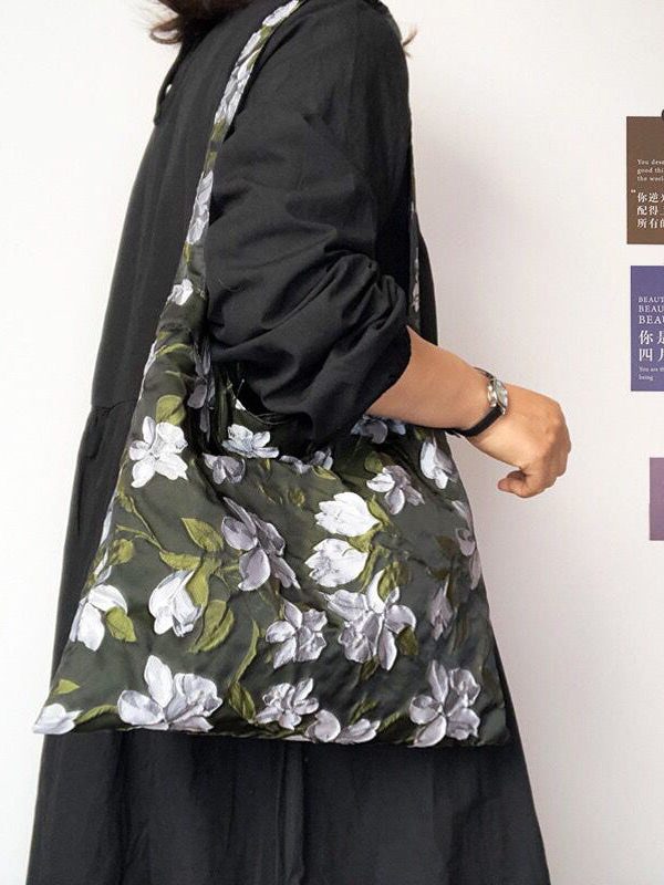 Women Green Gardenia Jacquard Nylon Satchel Handbag