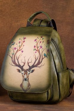 Women Green Print Paitings Calf Leather Backpack Bag