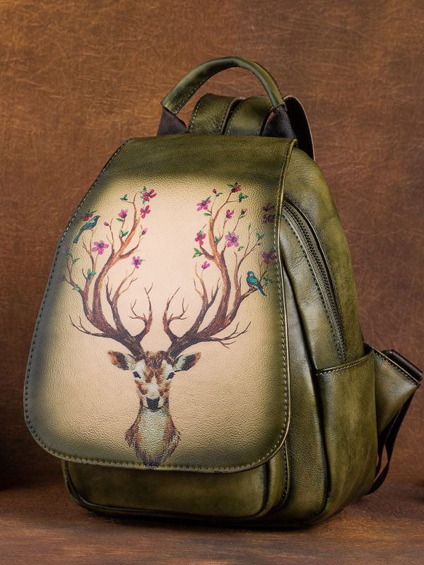 Women Green Print Paitings Calf Leather Backpack Bag