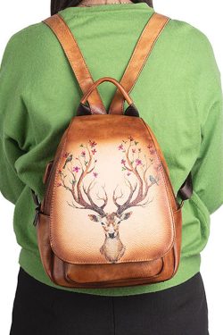 Women Green Print Paitings Calf Leather Backpack Bag