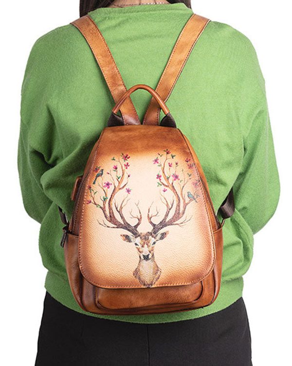 Women Green Print Paitings Calf Leather Backpack Bag