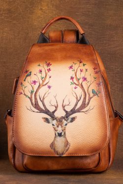 Women Green Print Paitings Calf Leather Backpack Bag