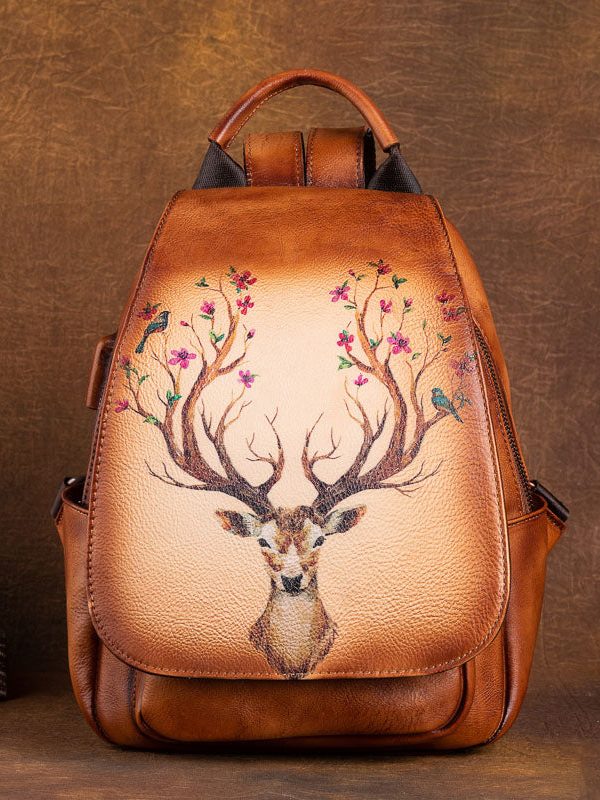 Women Green Print Paitings Calf Leather Backpack Bag