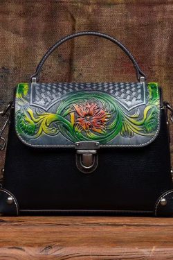 Women Handmade Black Embossed Calf Leather Tote Handbag