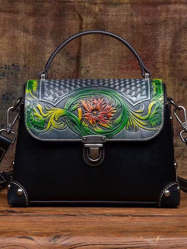 Women Handmade Black Embossed Calf Leather Tote Handbag