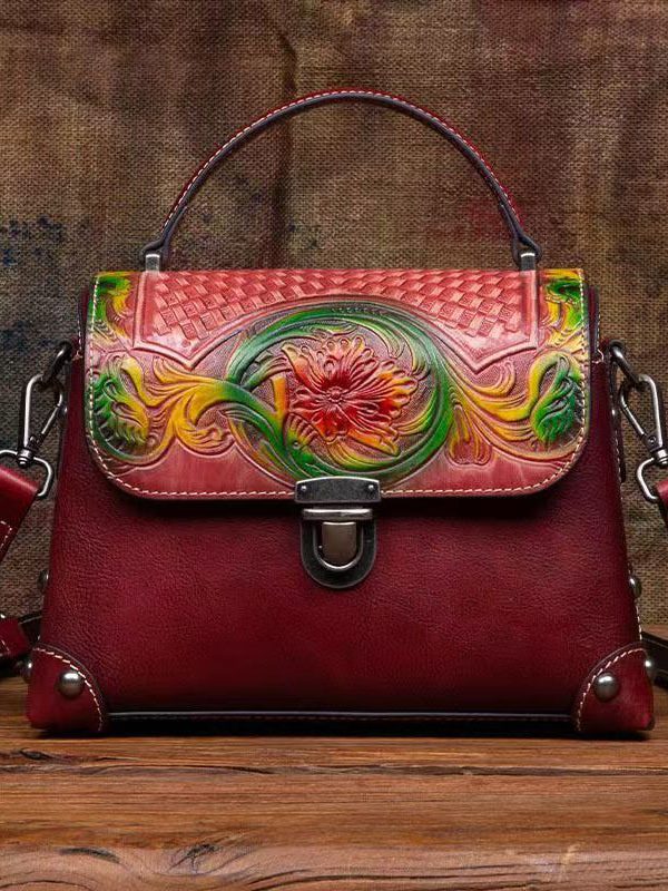 Women Handmade Black Embossed Calf Leather Tote Handbag