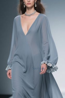 Women Haze Blue Floral Solid Chiffon Maxi Dresses