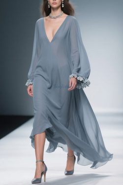 Women Haze Blue Floral Solid Chiffon Maxi Dresses