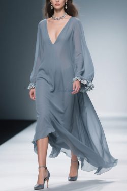 Women Haze Blue Floral Solid Chiffon Maxi Dresses