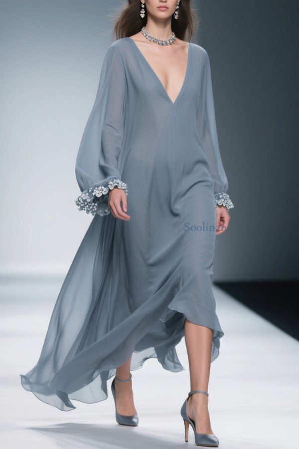 Women Haze Blue Floral Solid Chiffon Maxi Dresses