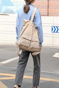 Women khaki Quotes Double Front Pockets Simple Drawstring Backpacks