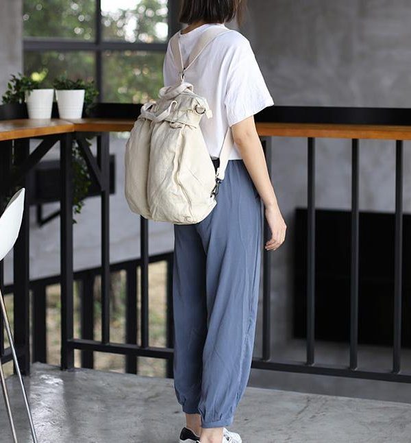 Women Korea beige Canvas Square Backpack