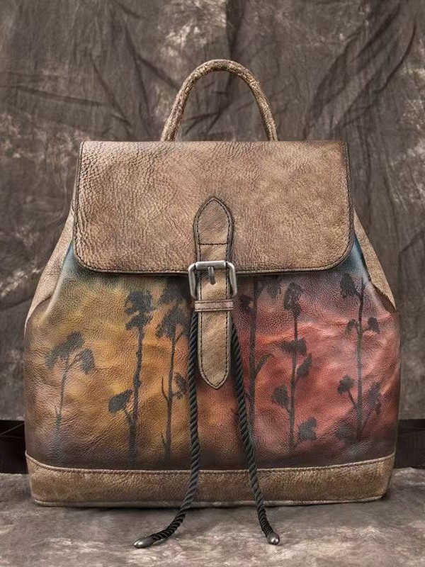 Women Pink Embossed Large Capacity Calf Leather Backpack Bag