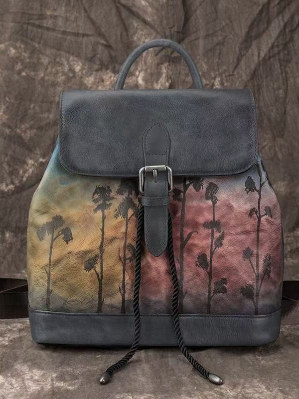 Women Pink Embossed Large Capacity Calf Leather Backpack Bag