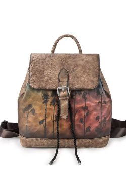 Women Pink Embossed Large Capacity Calf Leather Backpack Bag