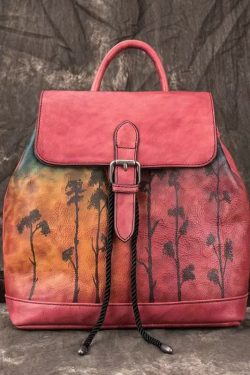 Women Pink Embossed Large Capacity Calf Leather Backpack Bag