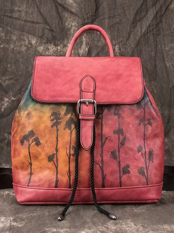 Women Pink Embossed Large Capacity Calf Leather Backpack Bag