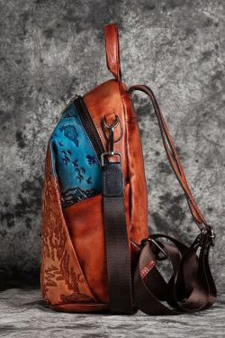 Women Red Brown Embossing Paitings Calf Leather Backpack Bag