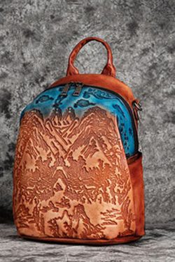 Women Red Brown Embossing Paitings Calf Leather Backpack Bag