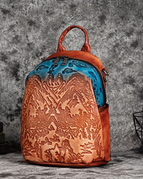 Women Red Brown Embossing Paitings Calf Leather Backpack Bag