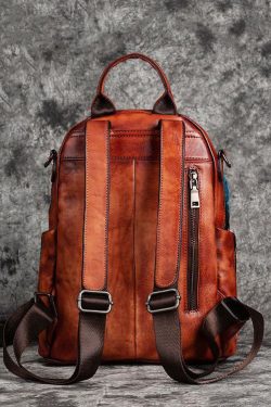 Women Red Brown Embossing Paitings Calf Leather Backpack Bag