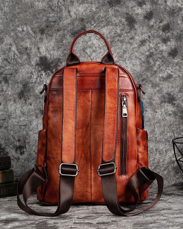 Women Red Brown Embossing Paitings Calf Leather Backpack Bag