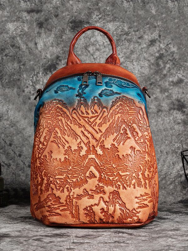 Women Red Brown Embossing Paitings Calf Leather Backpack Bag