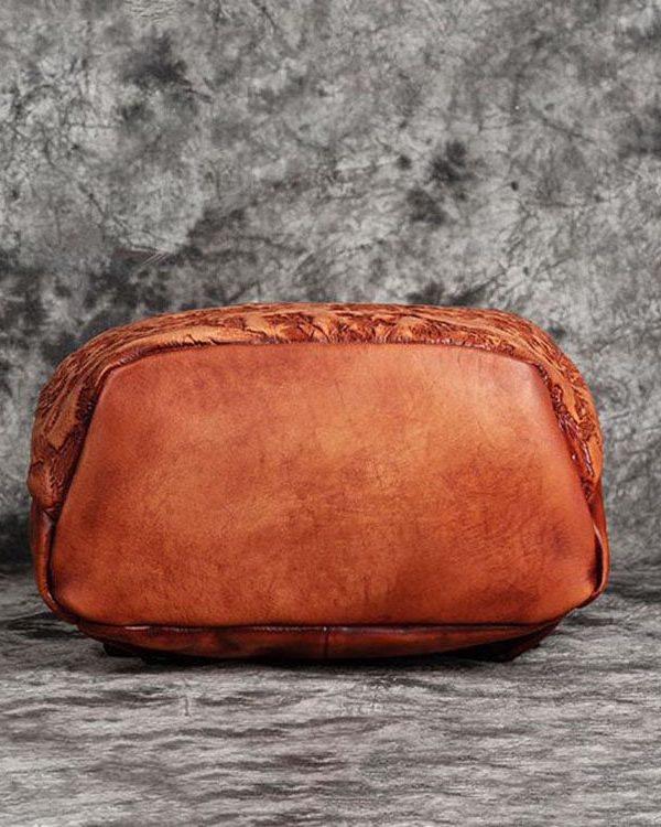 Women Red Brown Embossing Paitings Calf Leather Backpack Bag